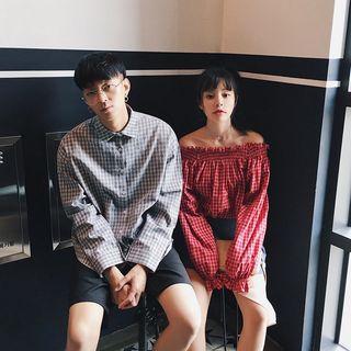 Couple Matching Plaid Shirt / Off Shoulder Blouse