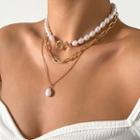 Faux Pearl Pendant Layered Alloy Choker Necklace 4400 - White Faux Pearl - Gold - One Size
