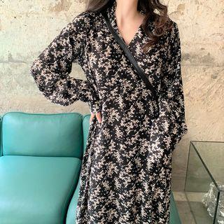 Long-sleeve Floral Midi Shirt Dress Black - One Size