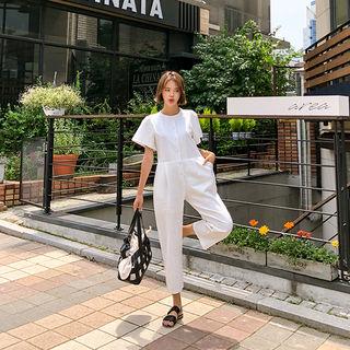 Short-sleeve Shirtwaist Linen Blend Jumpsuit