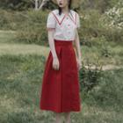 Set: Contrast Trim Short-sleeve Shirt + Pleated Midi A-line Skirt