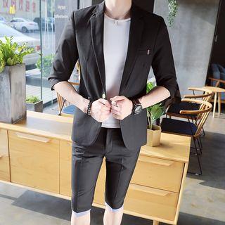 Set: Single-button 3/4-sleeve Blazer + Cropped Dress Pants