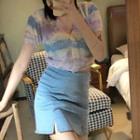Short-sleeve Striped Cardigan / Denim Midi Skirt