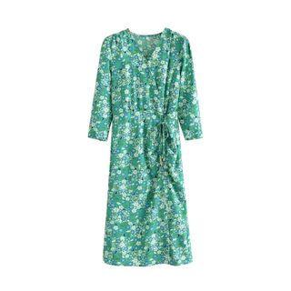 3/4-sleeve Floral Print Drawstring Wrap Maxi Dress