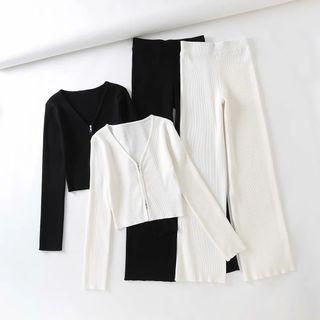 Set: Ribbed Zip-up Knit Top + Wide Leg Pants