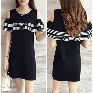 Striped Trim Cutout Shoulder Short-sleeve Dress