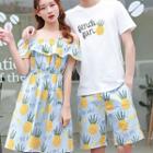 Women Pineapple Print Off-shoulder Sundress / Men Set: Short-sleeve T-shirt + Shorts