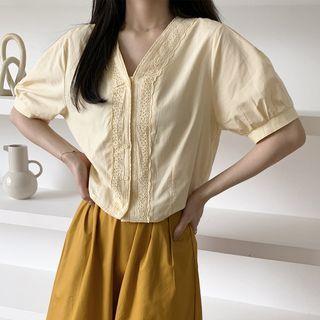 V-neck Embroider Plain Blouse
