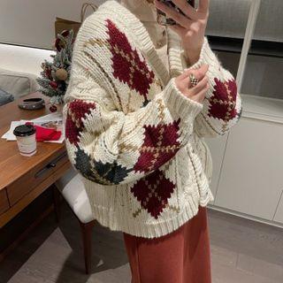 Argyle Cable Knit Cardigan Argyle - Beige - One Size