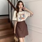 Two-tone Printed T-shirt + Plain Mini Skirt