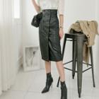 High-waist Buttoned Faux-leather Pencil Skirt
