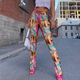 Flame Print Slit-hem Straight Leg Pants
