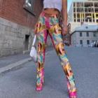 Flame Print Slit-hem Straight Leg Pants