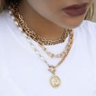 Set Of 4: Faux Pearl Chain Necklace 3339 - Gold - One Size