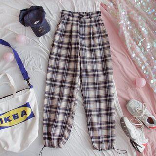 Plaid Drawcord Straight Leg Pants As Shown In Figure - One Size