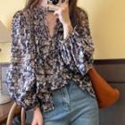 Long-sleeve Floral Print Blouse Floral - Blue & White - One Size