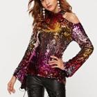 Shoulder Cut Out Sequined Long-sleeve Top