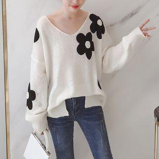 V-neck Flower Applique Sweater