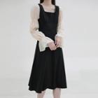 Long-sleeve Mesh Midi A-line Dress Black - One Size