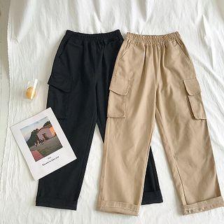 Plain Double-pocket High-waist Pants
