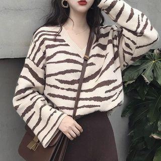 Zebra Printed V-neck Knit Top Almond - One Size