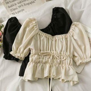 Boatneck Tie-waist Ruffled Crop Top