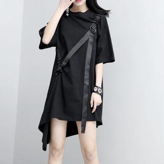 Tie-accent Asymmetric-hem Long T-shirt