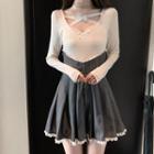 Long-sleeve Lace-panel T-shirt / High-waist Mini A-line Skirt