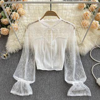 Cutout Lace-up Bow Mesh Lace Top