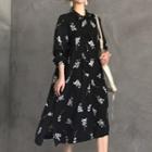3/4-sleeve Floral Midi Dress Black - One Size
