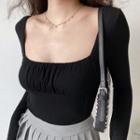 Square-neck Bell-sleeve Pleated Top
