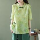 Elbow-sleeve Frog-buttoned Floral Print Blouse