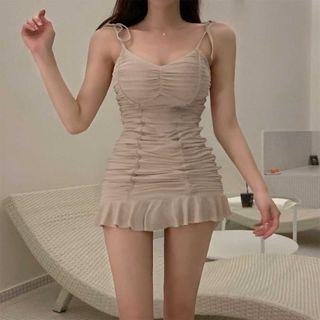 Ruched Ruffle Hem Swim Dress