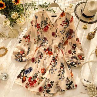 Floral Print Balloon-sleeve A-line Dress Almond - One Size