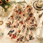 Floral Print Balloon-sleeve A-line Dress Almond - One Size