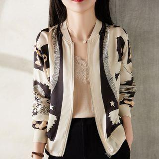 3/4-sleeve Print Zip-up Jacket