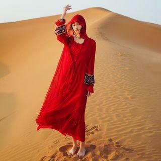 Embroidered Hooded Long Light Cape Red - One Size