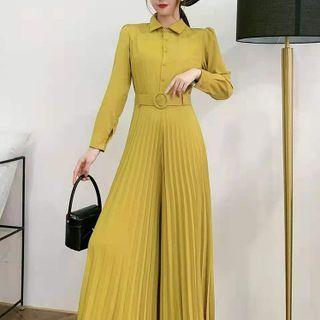Long-sleeve Collared Accordion Pleat Wide-leg Jumpsuit