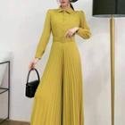 Long-sleeve Collared Accordion Pleat Wide-leg Jumpsuit