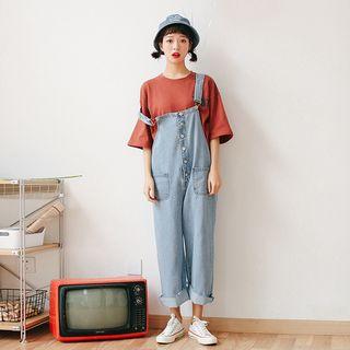 Wide-leg Washed Denim Jumper Pants