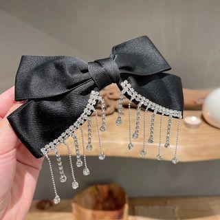 Bow Fringed Hair Clip Silver Rhinestone - Black - One Size