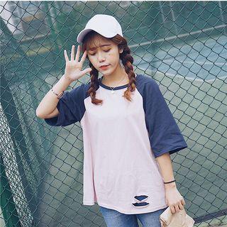 Ripped Color Panel Raglan 3/4 Sleeve T-shirt