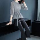 Set: Plaid Elbow Sleeve Chiffon Blouse + Boot-cut Pants