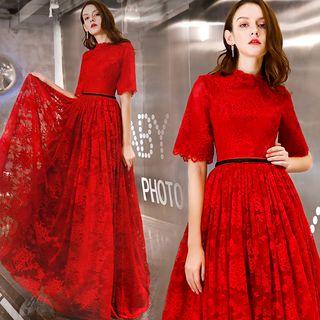 Short Sleeve Lace A-line Evening Gown