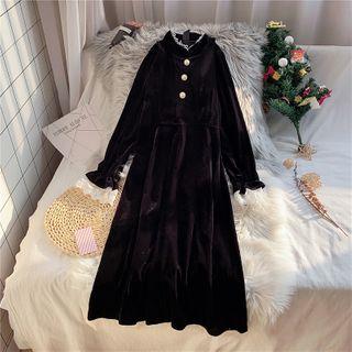Lace Trim Long-sleeve Midi A-line Velvet Dress Black - One Size