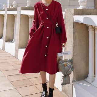 Long-sleeve Buttoned Tie-waist A-line Midi Dress