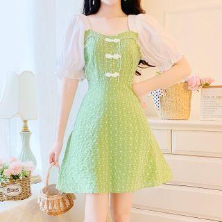 Mesh Panel Puff-sleeve Patterned Mini A-line Dress