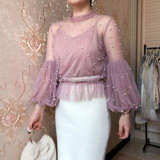 Set: Pearl-accent Mesh Panel Lantern-sleeve Top + Camisole