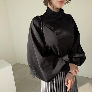 Mockneck Bishop-sleeve Top Black - One Size