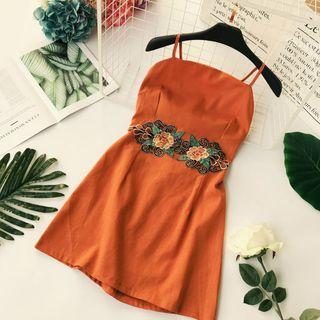 Spaghetti Strap Floral Embroidery Mini Dress